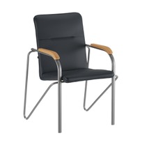 Офисные Стул Самба, серая экокожа Light Grey, каркас серебро, подлокотники бук, морилка светлый орех - фото